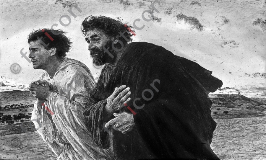 Zwei Jünger eilen zum Grab von Jesus Christus | Two disciples hurry to the grave of Jesus Christ (simon-134-062-sw.jpg)